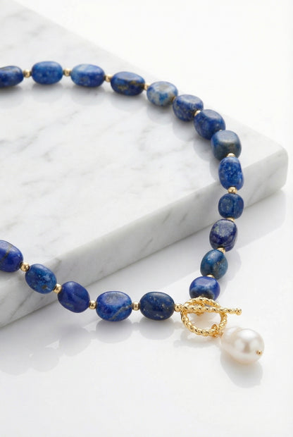 Blue Reverie | Natural Lapis With Baroque Pearl Pendants Necklace - Lesedi Jewels