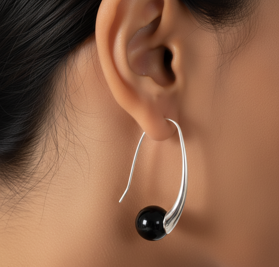 Étoile Noire | Black agate waterdrop Silver earrings