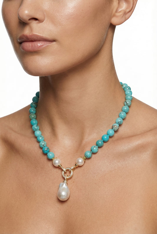 Lagoon Whisper | Blue Turquoise with Natural Freshwater Pearl Pendant Necklace - Lesedi Jewels