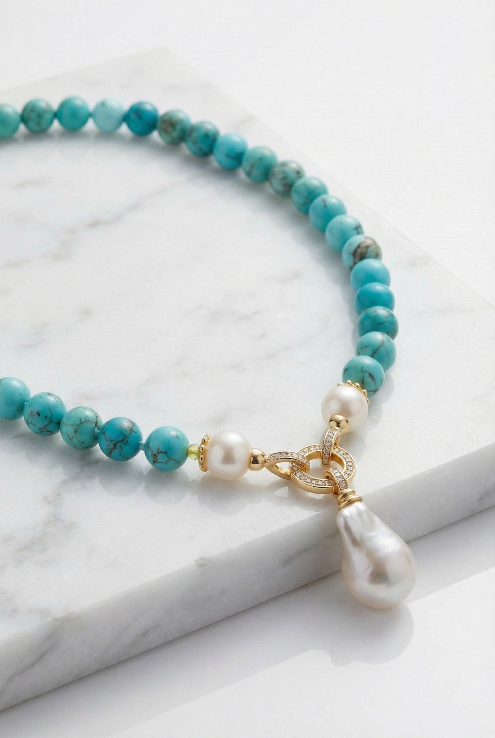 Lagoon Whisper | Blue Turquoise with Natural Freshwater Pearl Pendant Necklace - Lesedi Jewels